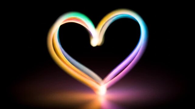 Colorful light painting of a heart shape against a black background