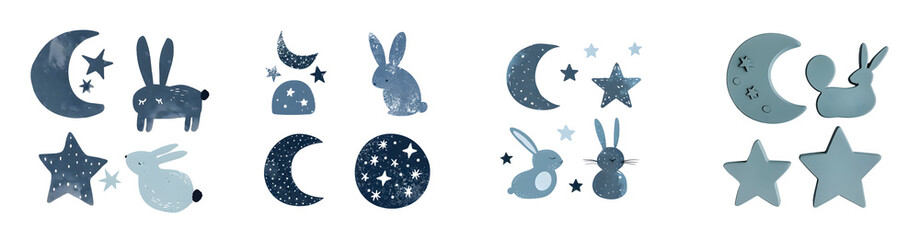 Collection of stylized rabbits moons and stars with watercolor and solid textures isolate