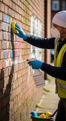 Man wearing mask and gloves cleaning graffiti off a brick wall with spray bottle and yellow sponge