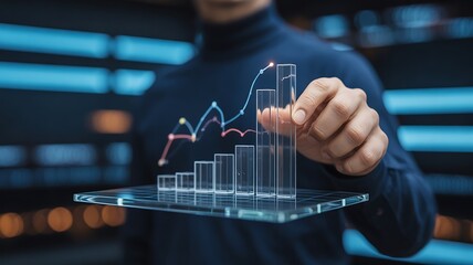 Hand adjusting transparent bar graph with colorful line chart overlay bar chart