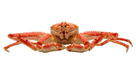Close-up of a large cooked spider crab with vibrant orange shell against a dark studio backdrop isolated on transparent background
