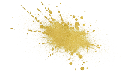 A vibrant yellow powder explosion captured mid air with fine particles and droplets scattered dynamically isolated on transparent background