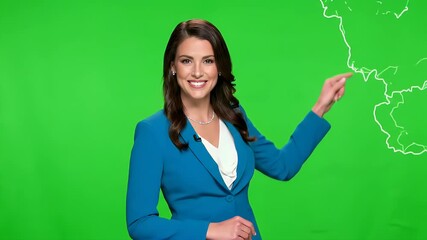 Smiling female presenter pointing on green screen, ready for chroma key, news, or weather report broadcast - Powered by Adobe