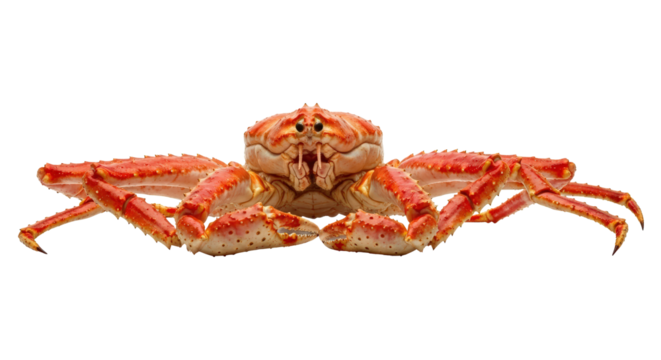 Close-up of a large cooked spider crab with vibrant orange shell against a dark studio backdrop isolated on transparent background