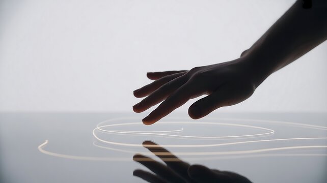 Silhouette of a hand interacting with light trails on a reflective surface reflection white background