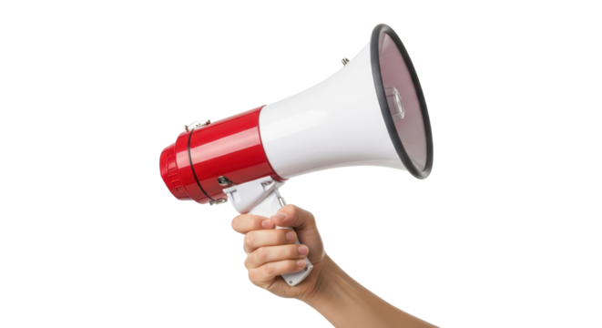 Hand holding a red and white megaphone announcing loudly with a clear message isolated on transparent background