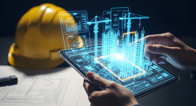Architect using digital tablet for building information modeling