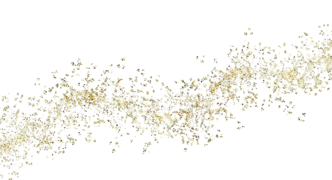 Abstract swirling pattern of golden and purple dust particles creating a cosmic nebula effect isolated on transparent background