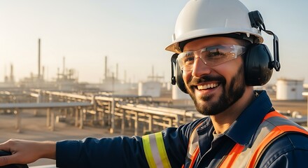 A smiling worker with safety gear at an industrial site with pipelines and storage tanks in the background