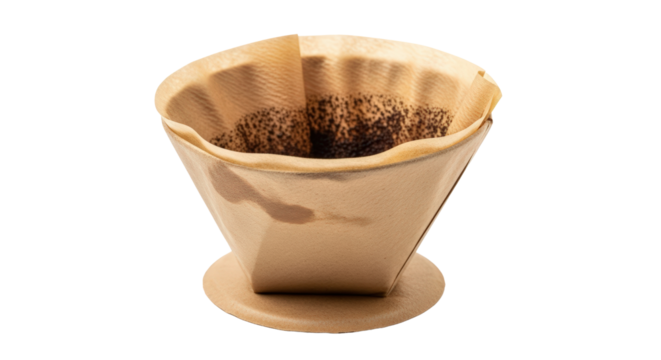 Close-up of a cone-shaped paper coffee filter filled with dark roasted coffee grounds ready for brewing. isolated on transparent background