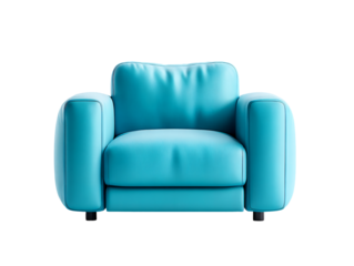 A modern, plush, single-seater armchair with a soft, rounded design, upholstered in vibrant turquoise/cyan leather/fabric, resting on small dark feet.