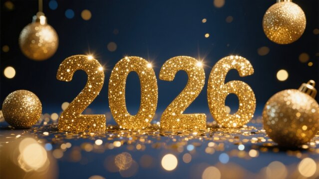 Golden 2026 with Christmas balls - Powered by Adobe
