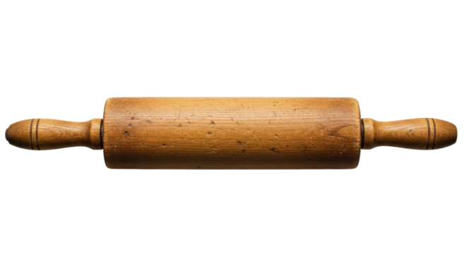 Classic wooden rolling pin kitchen tool for baking and cooking preparation detail shot isolated on transparent background