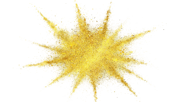 Bright yellow powder explosion with sharp spikes radiating outwards in a starburst shape isolated on transparent background