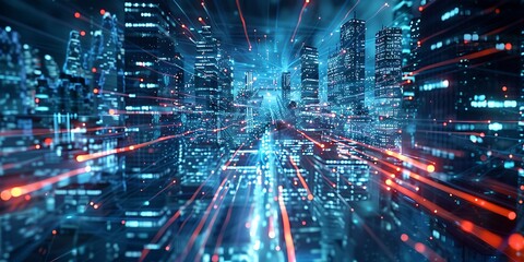 Abstract futuristic cityscape with glowing neon lights and streaks of energy