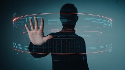 Man interacting with futuristic holographic data interface with glowing orange and blue elements hand
