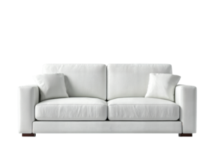 A contemporary, two-seater loveseat upholstered in smooth white leather/fabric, featuring straight arms, thick cushions, two throw pillows, and subtle dark wood block legs.