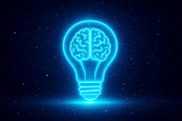 Neon blue light bulb with a glowing brain inside against a dark starry background idea concept