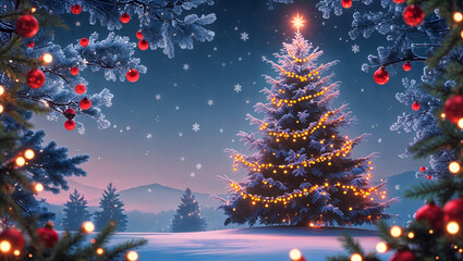 Christmas illustration, majestic tree, falling snowflakes, vibrant lights, warm festive atmosphere, serene winter night, high-resolution details, joyful holiday scene generative AI