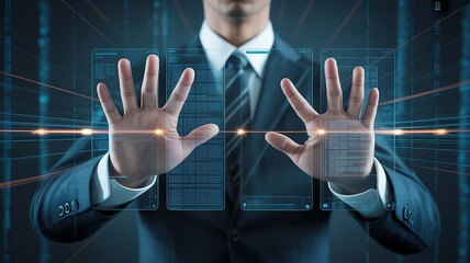 Man in suit interacting with holographic data screens with glowing orange lines hands