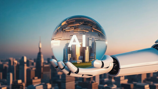 AI-Powered Vision: A robotic hand gracefully cradles a transparent sphere, revealing a futuristic cityscape intertwined with the innovative potential of artificial intelligence.