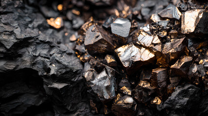 Raw molybdenum ore crystals on black shale with metallic reflections,showcasing strategic mineral resources and clean energy materials for industrial use.