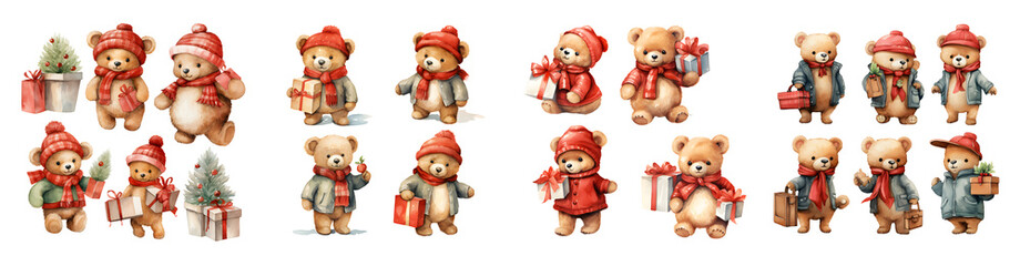A collection of watercolor teddy bears dressed in winter attire holding gifts and Christmas trees isolate