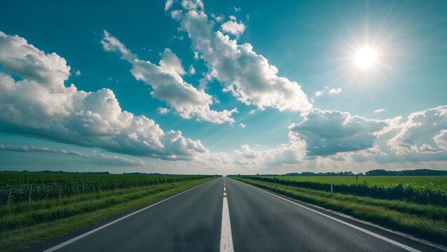 Empty straight road stretching into distance, green fields on sides, bright blue sky with fluffy clouds, warm sunlight, peaceful wide-angle frog’s view generative AI