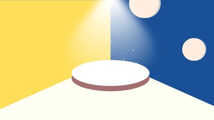 Minimalist 3D product podium background. Empty stage in a yellow and dark blue corner, with spotlight and sparkles. Modern geometric scene with circles for product advertising or presentation
