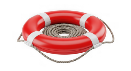 A red lifebuoy with white stripes and a coiled rope, isolated on transparent background