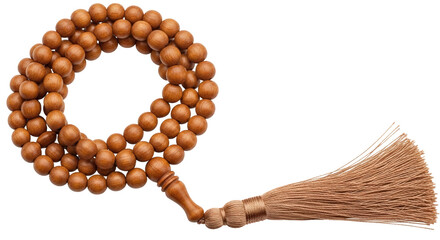 Obraz premium Spiritual wooden prayer beads with tassel isolated against black background for meditation and spirituality isolated on transparent background