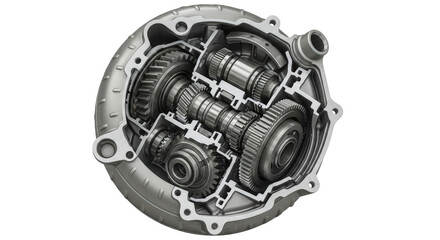 Detailed cutaway view of complex automotive transmission gears and components isolated on transparent background