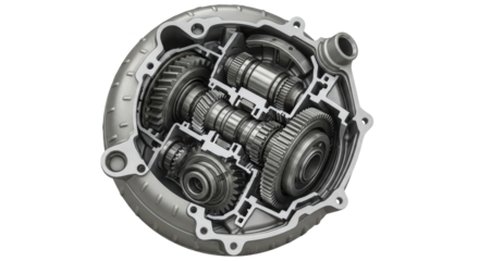 Detailed cutaway view of complex automotive transmission gears and components isolated on transparent background