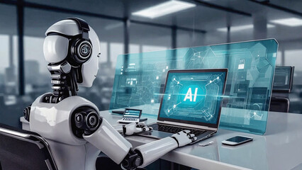AI Robot working on laptop: Futuristic AI robot working in modern office environment, focus on detail on how AI technology works in real-time. 