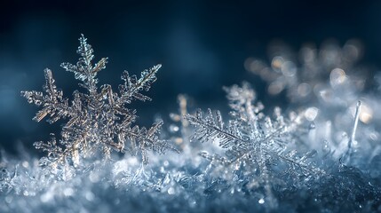 Delicate ice crystal formations glisten on a frosty winter surface.