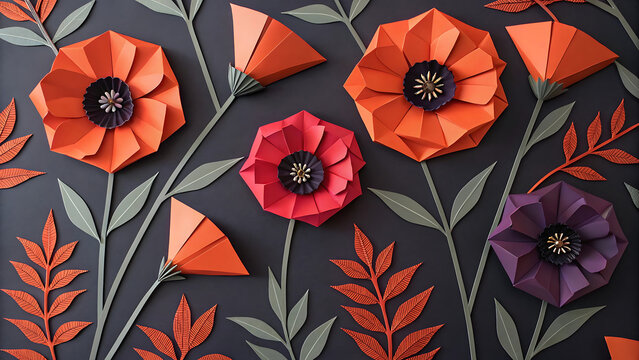 A collection of colorful paper flowers with leaves arranged on a dark background in an artistic style custom 3d photo wallpaper panaflex design for wall hd background - Powered by Adobe