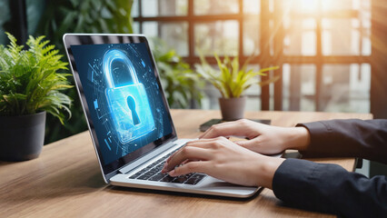 Cyber Fortress: A person's hands diligently operate a laptop, illuminating the digital landscape with a captivating security lock symbol, signifying robust protection and security.