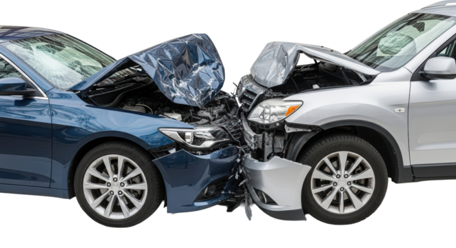 Two modern cars severely damaged after head-on collision on a black background isolated on transparent background