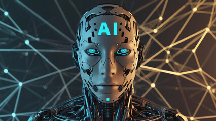 AI Robot: A futuristic portrait of an AI robot with glowing blue eyes and the word AI on the forehead, set against a digital network background. A glimpse into technological advancement.