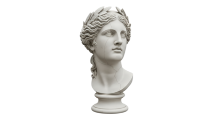 Classical marble bust of a young woman with laurel wreath isolated on a dark backdrop isolated on transparent background