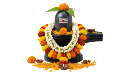 Devotional shiva lingam adorned with marigold and jasmine garland for worship and auspicious occasions isolated on transparent background