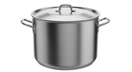 Large stainless steel stock pot with lid and handles for cooking kitchenware and culinary use isolated on transparent background