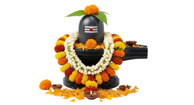 Devotional shiva lingam adorned with marigold and jasmine garland for worship and auspicious occasions isolated on transparent background