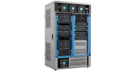 Close-up of server rack equipment with blue led lights and fans in data center isolated on transparent background