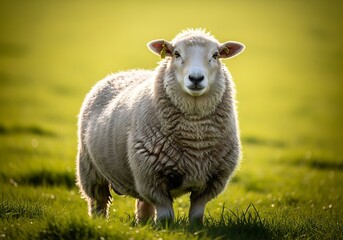 A fluffy white sheep stands prominently in a vibrant green pasture under bright sunlight, looking directly at the camera.