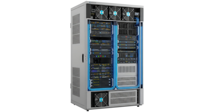 Close-up of server rack equipment with blue led lights and fans in data center isolated on transparent background