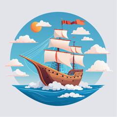 Old sailing ship on the ocean waves