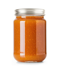 Clear Glass Jar Filled with Peach Jam with metallic cap without label