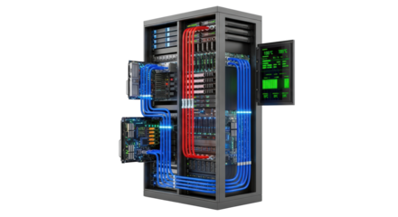 Futuristic server rack with glowing blue and red lights data center equipment isolated on transparent background