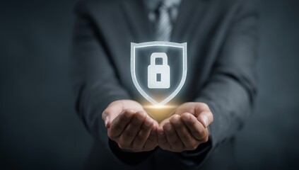 Hand Holding Digital Shield with Lock Symbol for Security Concept